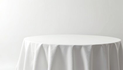 Poster - Elegant white tablecloth on round table against white wall. Clean minimal scene. Soft light, subtle shadows. Neutral background for product showcase. Empty blank space.