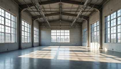 Poster - Empty light spacious hall with concrete walls, floor. Bright sunny interior background with big window. Large space for events, business show, showroom or modern office.