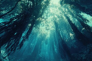 Aufkleber - An underwater kelp forest, sunlight filtering through the dense canopy creating a mystical, ethereal atmosphere.