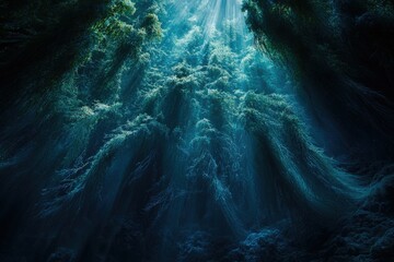 Poster - Sunbeams illuminate an underwater kelp forest, creating a magical, ethereal scene.