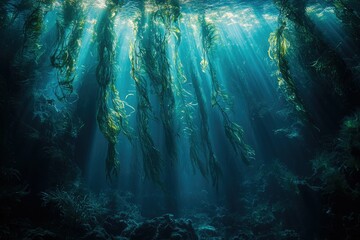 Poster - Sunbeams illuminate a kelp forest, showcasing the underwater world's beauty and mystery.