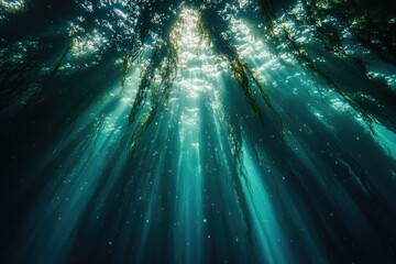 Poster - Sunbeams penetrate the ocean, illuminating a kelp forest's ethereal beauty.