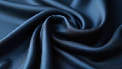 Poster - Luxurious dark blue satin fabric background. Elegant silk cloth with smooth texture and flowing waves. Shiny material for fashion design, clothes, dressmaking and crafting projects.