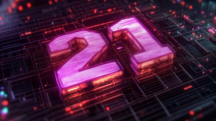 Aufkleber - Glowing Digital 3D Number 21 in Futuristic Style on Abstract Background, Digital Technology Concept