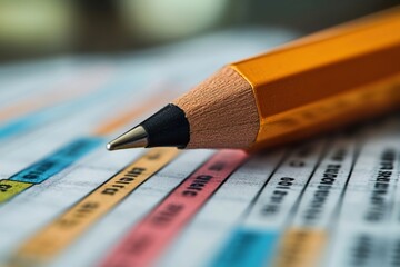 Poster - Close up of pencil pointing at data on document, analyzing financial reports