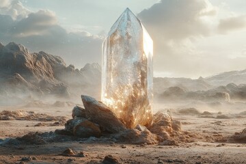 Poster - A giant quartz crystal stands in a desolate, mountainous landscape, bathed in golden sunlight.