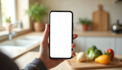 Aufkleber - Person holds blank smartphone in kitchen. Touch screen. Food recipe app. Modern interior, fresh design. Healthy eating lifestyle concept. Cooking tips, shopping, local storage.