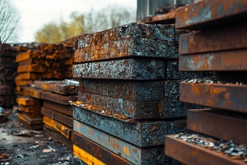 Poster - Rusty metal beams stacked in outdoor industrial setting