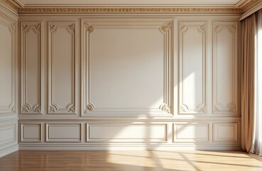 Aufkleber - Modern interior of luxury home with classic wall molding decoration. Empty apartment background. Wood parquet flooring. Elegant living room interior design in light colors.