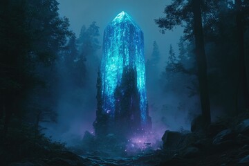 Poster - A glowing blue crystal obelisk stands mysteriously in a dark, foggy forest at night.