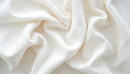 Poster - White linen canvas crumpled natural cotton fabric photo. Handmade organic eco textiles top view. Neutral texture for backgrounds and mockups with soft delicate folds.