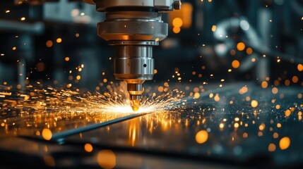 Poster - precision laser cutting in a high-tech manufacturing environment with sparks and bright lighting sho