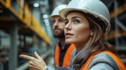 Poster - Professional Engineers in Safety Gear Discussing Manufacturing Processes in Modern Factory Environment