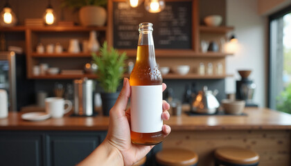 A person holding a glass bottle with a blank white label in a cozy café environment, perfect for showcasing beverage branding concepts. The blurred background of a modern café adds