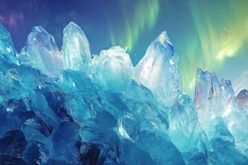 Poster - Stunning glacial ice formations under a vibrant aurora borealis display.