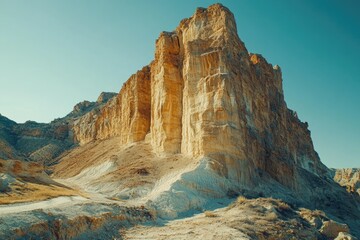 Poster - A majestic sandstone cliff face rises under a clear blue sky, showcasing layers of eroded rock formations in a desert landscape.
