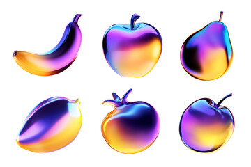 Poster - Different colorful holographic fruits 3D illustrations isolated. Pear, apple, banana, plum, mango, pomegranate. Ai generated