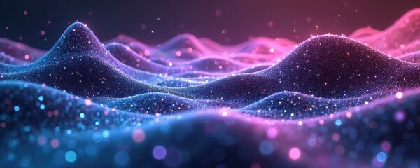 Fototapete - Abstract geometric background with neon glowing mesh surface. Virtual reality cyber space landscape with mountains, universe. Futuristic wallpaper with pink, blue lights.