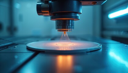 Aufkleber - Thin slice of semiconductor wafer in high tech factory lab environment. Silicon substrate production manufacturing microchip integrated circuit at machine processing line.