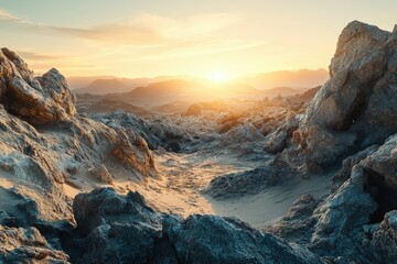 Aufkleber - Sunset casts a golden glow over a rugged, rocky desert landscape, creating a dramatic scene.