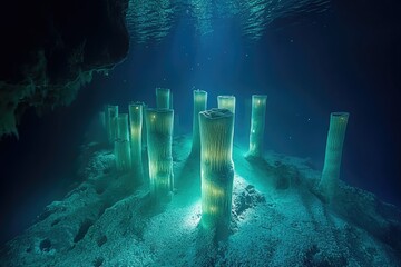 Poster - Submerged stone pillars rise from the lake bed, creating an ethereal underwater landscape.