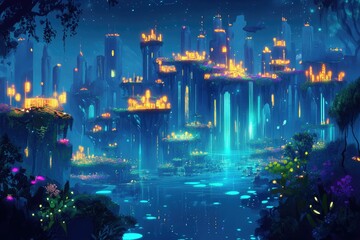 Aufkleber - Enchanted floating city at night, glowing with magical lights and waterfalls, a fantasy world.