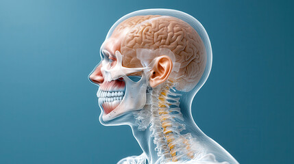 Poster - detailed composite X ray image of human head and neck, showcasing brain, skull, and spine in side view. image highlights intricate anatomy and structure of human body