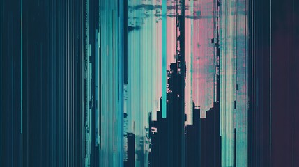 Poster - Abstract glitch art background with teal and purple hues.