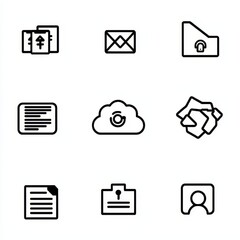 Poster - A modern data recovery icon set is offered, comprising a linear style pictogram pack with outline symbols for hard drive disks, binary file storage, and data transfer, which can be used for signs and