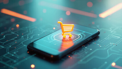 Poster - Orange shopping cart icon displayed on modern blue smartphone. Digital commerce, mobile shopping innovation and e-business technologies represented on hi-tech device. Online purchase, retail, payment.