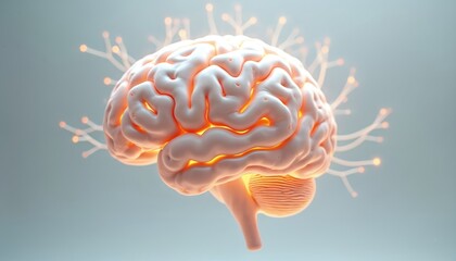 Aufkleber - Detailed digital brain with neural pathways illuminated by soft light floating on clean backdrop. Artificial intelligence, neuralink tech concept for medical and science themes.