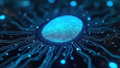 Poster - Digital fingerprint scanner for biometric identity, data protection. Security concept shows authentication technology, secure access, futuristic design with blue glowing light on circuit board.