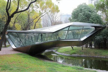 Poster - A futuristic pedestrian bridge made of sleek metal and glass materials . A curved glass bridge elegantly spans across a landscape, showcasing its modern design and transparency.