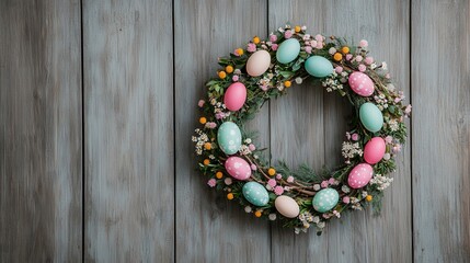 Canvas Print - Colorful Easter Wreath with Decorative Eggs and Flowers on Wall