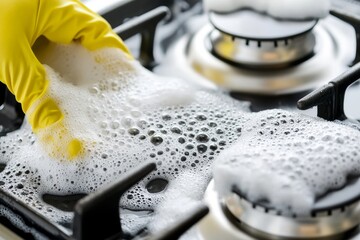 A woman's hand, clad in a yellow rubber protective glove, is cleaning a gas stove using soap foam from a detergent