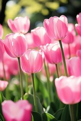 Canvas Print - Vivid Pink Tulips in Sunny Field Close-up of Petals with Blurred Background, Natural Lighting