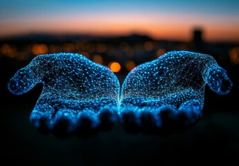 Poster - The concept of abstract science is illustrated by a hand cradling a brain that contains a digital network and a light bulb, positioned in front of a cityscape with interconnected networks,