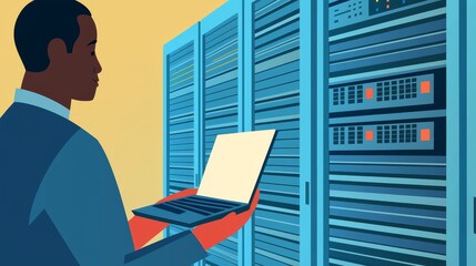 Poster - A black IT technician walks through a server rack corridor with a laptop, visually inspecting the working server cabinets