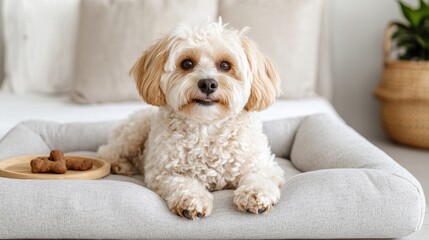 Sticker - Cozy fluffy dog resting on a soft bed with treats nearby