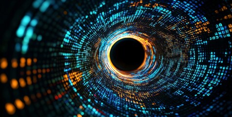 Poster - An abstract blue background with neon accents serves as the setting for a corridor and tunnel, where rays of light and lines converge, featuring a round arch and dynamic light, evoking a nighttime