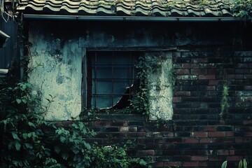 Weathered walls and a broken window, entwined with creeping vines, evoke a sense of mystery and forgotten history.