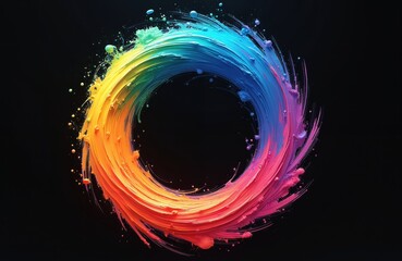 Poster - Colorful swirl spiral vortex on dark background. Vivid brush strokes create rainbow gradient design element for modern posters and banners. Liquid paint texture and rotation effect.