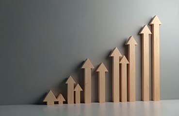 Poster - Wooden arrows increasing in size symbolize business growth, progress, success. Solid strategy, career development, gradual achievements. Rising levels forward, advance ordering agreements for company.