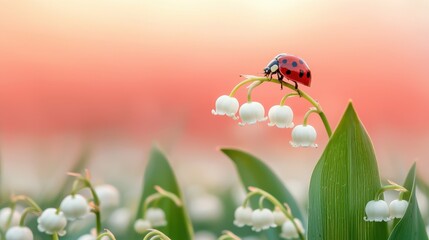 Poster - Ladybug on Lily of the Valley Flower in Soft Pastel Background