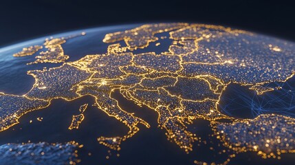 Poster - a blurry background accompanies a 3d illustration of an earth technology hologram in the color green