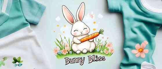 Poster - Cute bunny rabbit holding a carrot sitting in a field of flowers on a baby onesie.