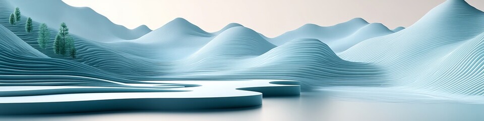 Poster - Minimalistic 3D Landscape, Abstract Background With Delicate, Gentle Light Mint Wave Texture Pattern