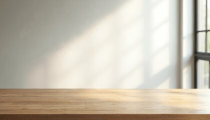 Poster - Empty brown wooden table against blurred white wall with window. Light illuminates tabletop. Background with space for product display. Use it for montage and decoration.