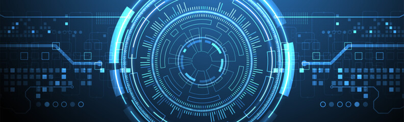Fototapete - Abstraction on the theme of tech circles. Scientific and technological background. Blue gradient on the background.
