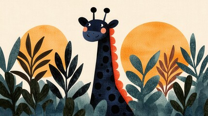 Canvas Print - Cheerful Cartoon Giraffe Surrounded by Tropical Foliage and Sun